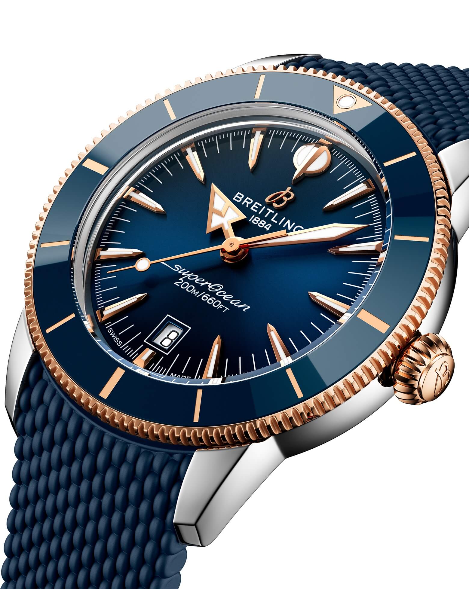 Breitling Superocean Heritage B31 Automatic 44mm, Steel & Red Gold Case, Blue Dial, Rubber Deployant Strap