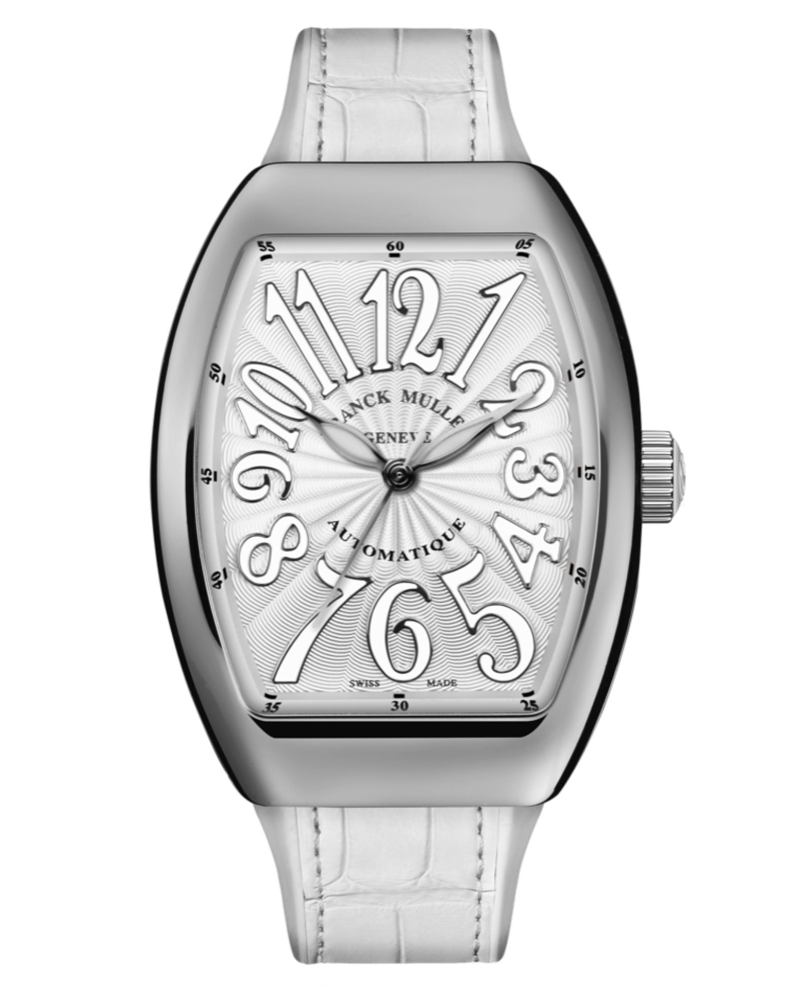 Franck Muller Vanguard Lady 32mm, White Dial, White inserts on both sides of case, White Leather on Rubber Strap