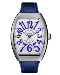 Franck Muller Vanguard Lady 32mm, White Dial, Blue inserts on both sides of case, Blue Leather on Rubber Strap