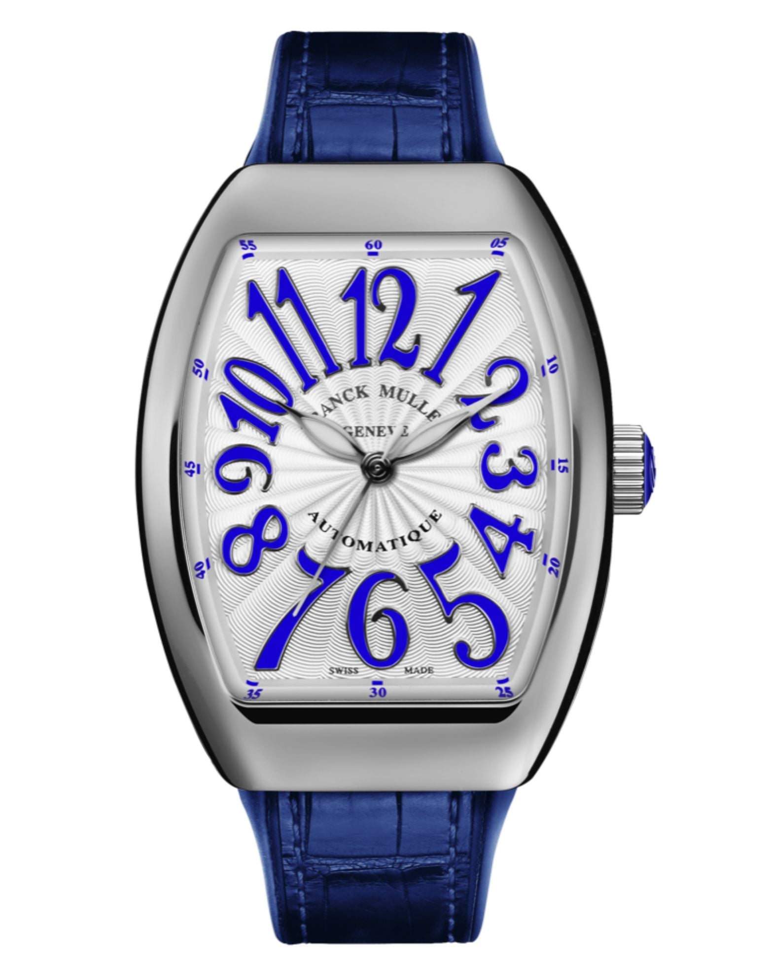 Franck Muller Vanguard Lady 32mm, White Dial, Blue inserts on both sides of case, Blue Leather on Rubber Strap