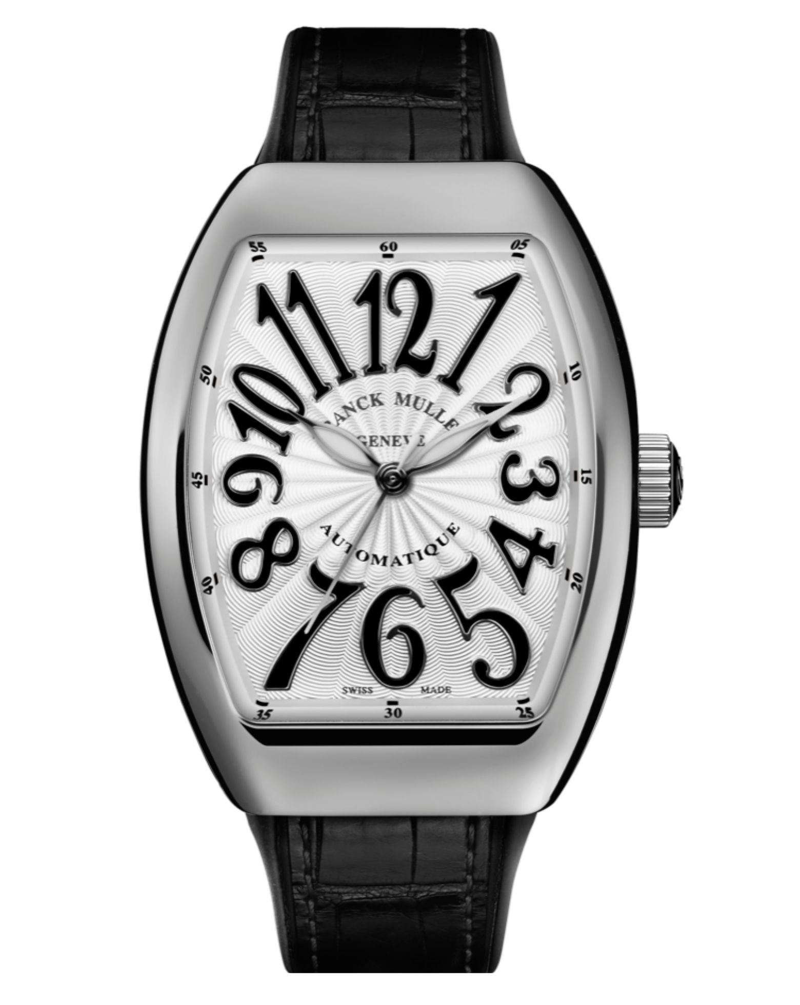 Franck Muller Vanguard Lady 32mm, White Dial, Black inserts on both sides of case, Black Leather on Rubber Strap