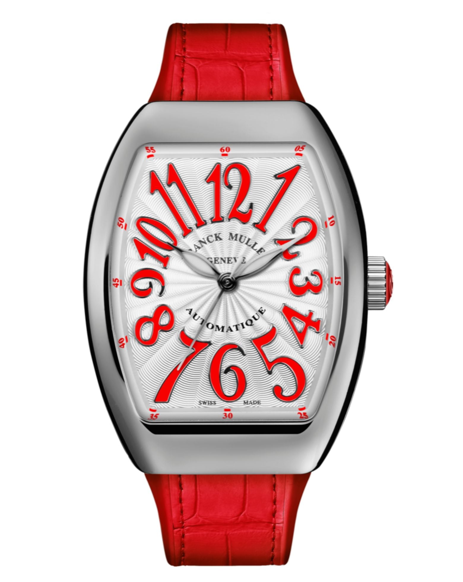 Franck Muller Vanguard Lady 32mm, White Dial, Red inserts on both sides of case, Red Leather on Rubber Strap