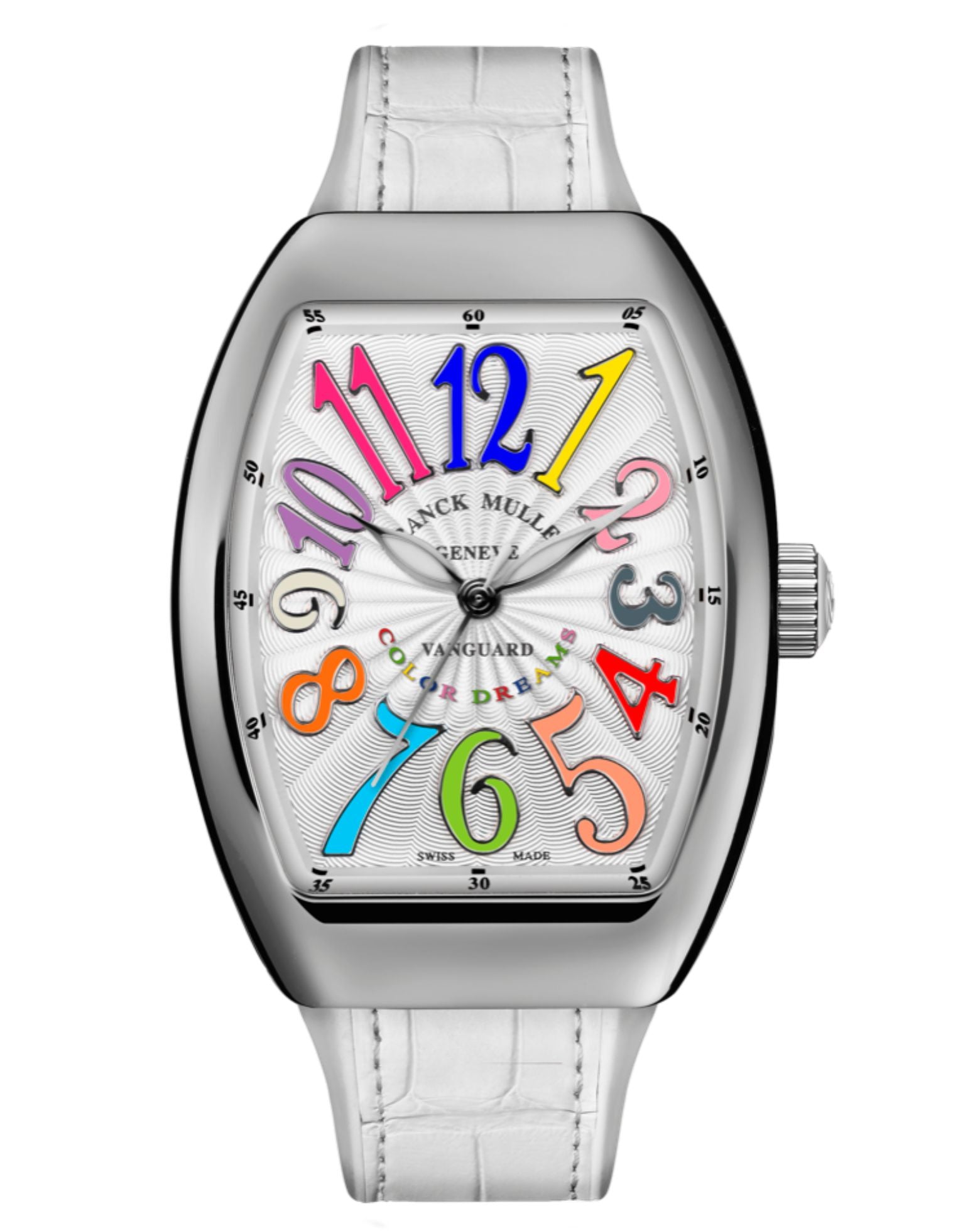 Franck Muller Vanguard Lady 32mm, Color Dreams Dial, White inserts on both sides of case, White Leather on Rubber Strap