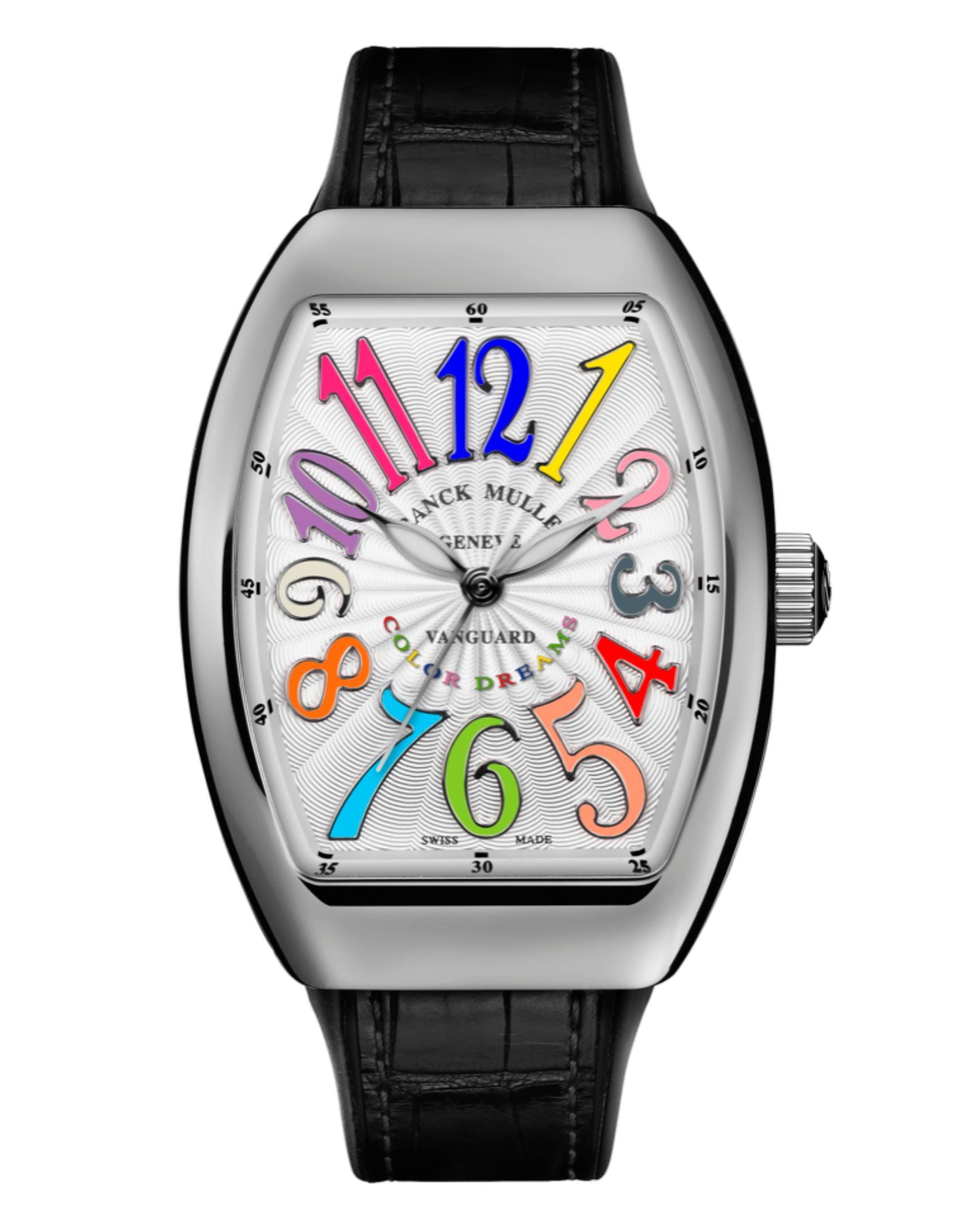 cortina Franck Muller Vanguard Lady 32mm Color Dreams Dial Black inserts on both sides of case Black Leather on Rubber Strap