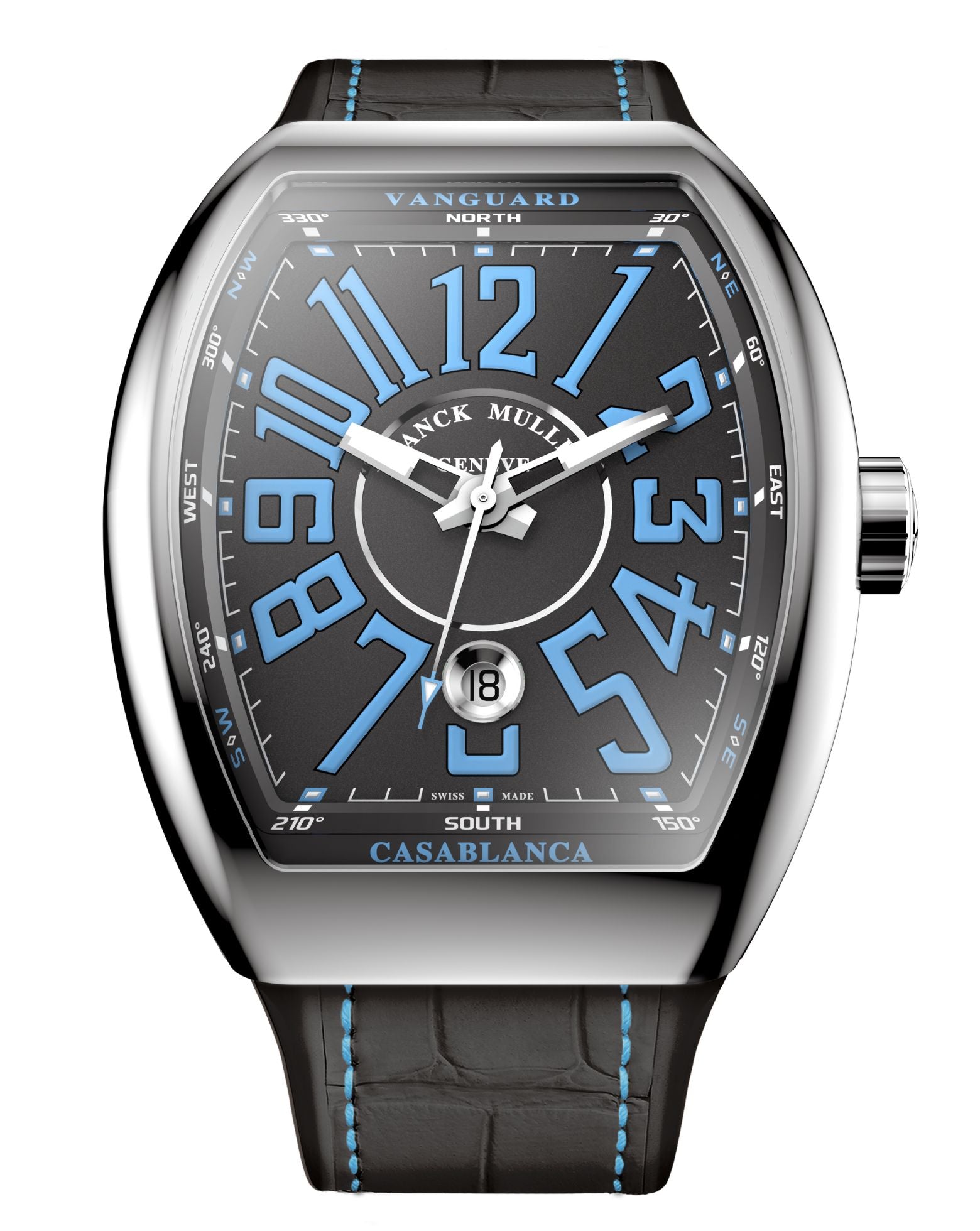 Franck Muller Vanguard Casablanca 41mm, Black  Dial, Black inserts on both sides of case, Black Leather on Rubber Strap