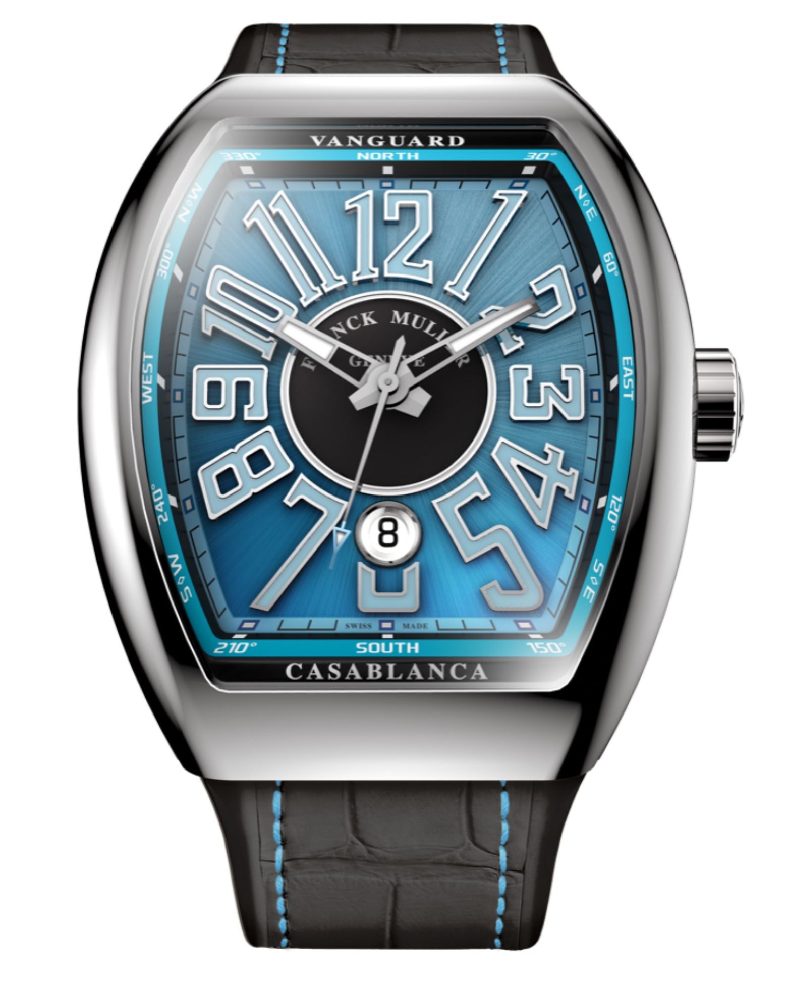 Franck Muller Vanguard Casablanca 41mm, Blue Dial, Black inserts on both sides of case, Black Leather on Rubber Strap