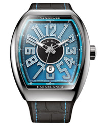 Franck Muller Vanguard Casablanca 41mm, Blue Dial, Black inserts on both sides of case, Black Leather on Rubber Strap