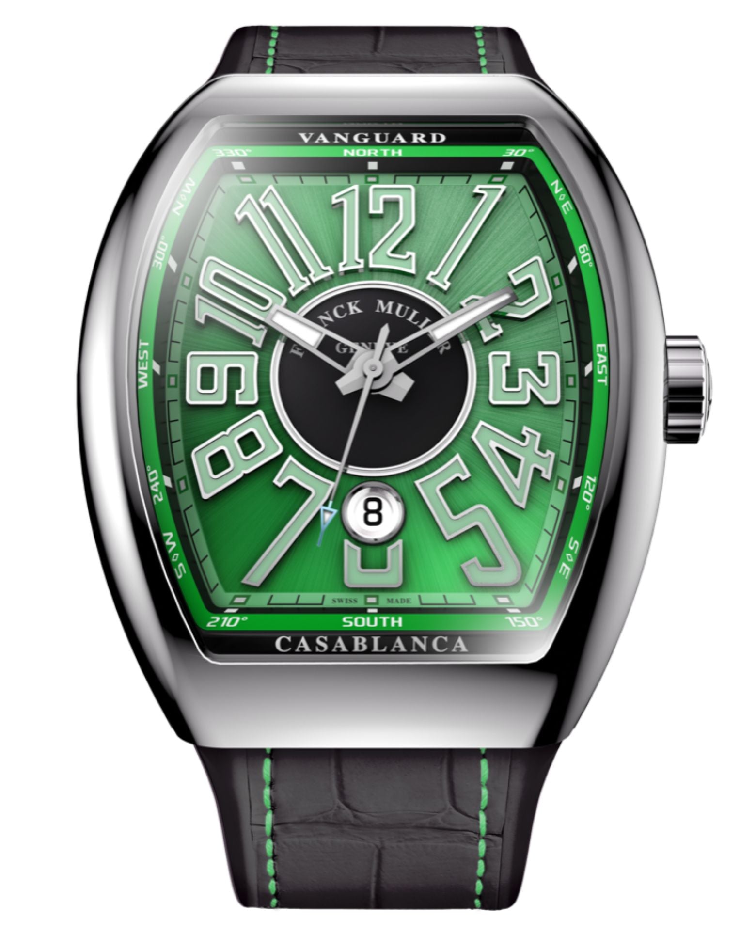 Franck Muller Vanguard Casablanca 41mm, Green Dial, Black inserts on both sides of case, Black Leather on Rubber Strap