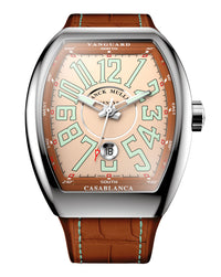 Franck Muller Vanguard Casablanca 41mm, Salmon Dial, Salmon inserts on both sides of case, Brown Leather on Rubber Strap