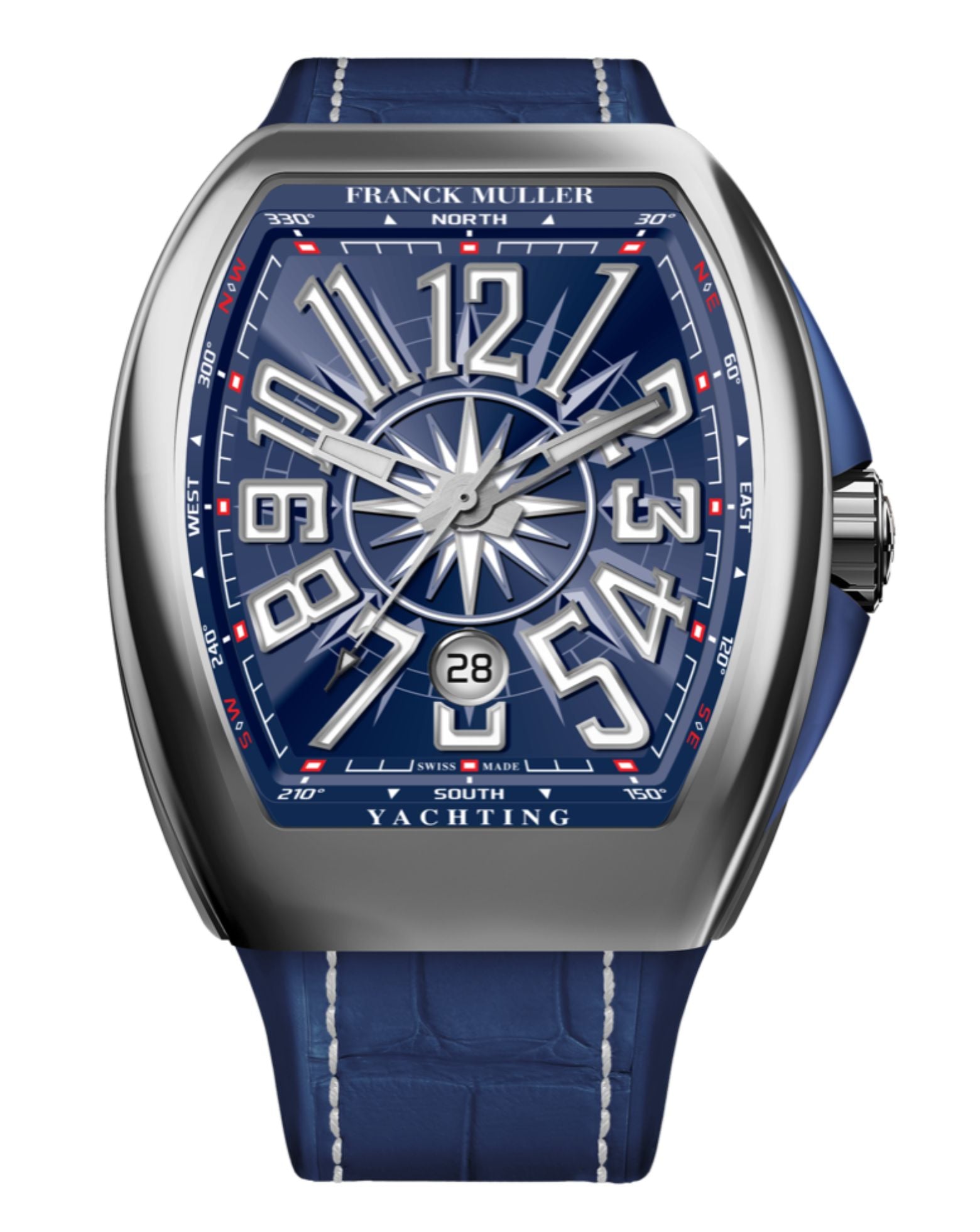 Franck Muller Vanguard Yachting 41mm, Blue Dial, Blue inserts on both sides of case, Blue Leather on Rubber Strap