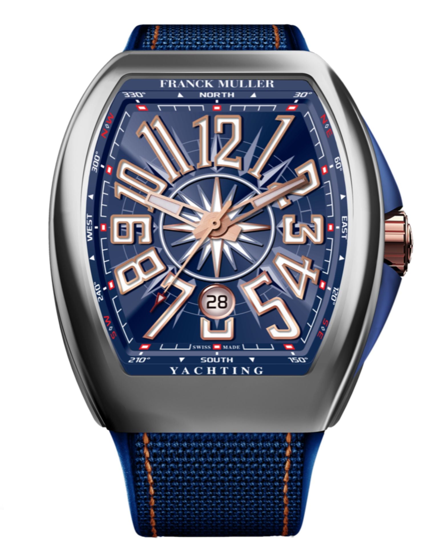 Franck Muller Vanguard Yachting 41mm, Blue Dial, 18k Rose Gold crown, Blue inserts on both sides of case, Blue Leather on Rubber Strap