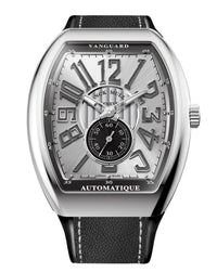 Franck Muller Vanguard Slim Vintage 41mm, Silver Dial, Silver inserts on both sides of case, Black Leather on Rubber Strap