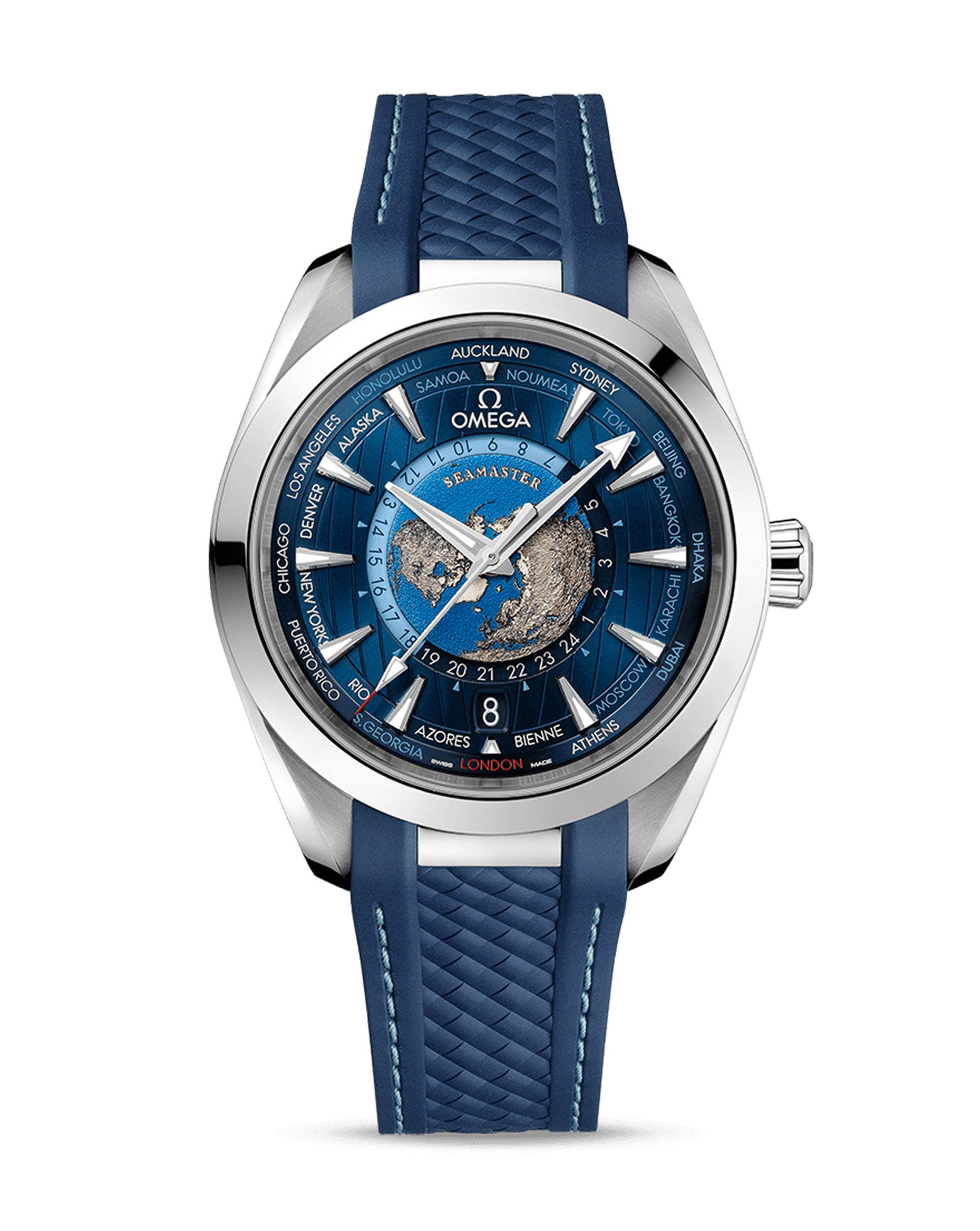 OMEGA Seamaster Aqua Terra 150M Co‑Axial Master Chronometer GMT Worldtimer 43mm, Steel Case, Blue Dial, Blue Rubber Strap