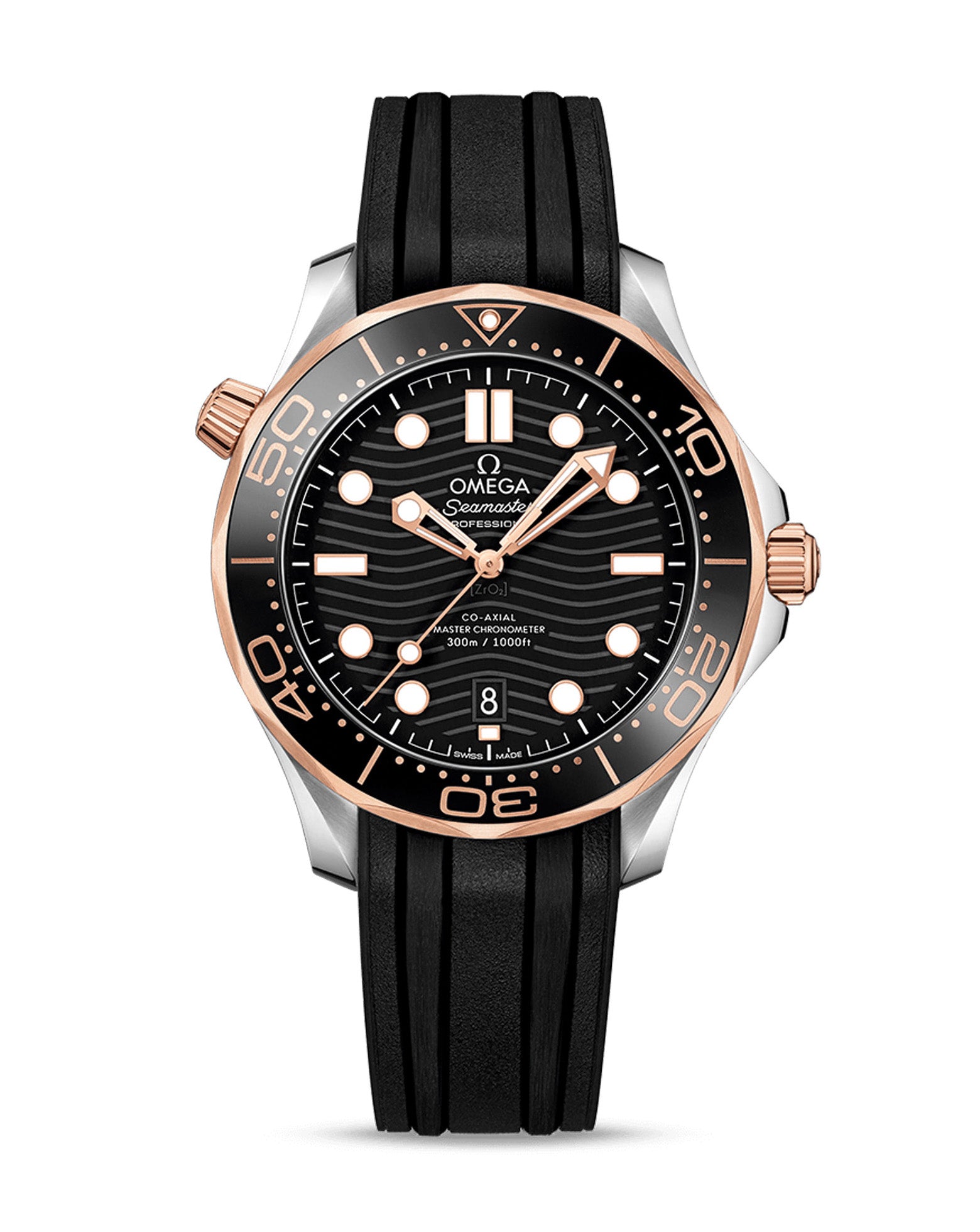 OMEGA Seamaster Diver 300M Co‑Axial Master Chronometer 42mm, Steel-Sedna Gold Case, Black Dial, Black Rubber Strap